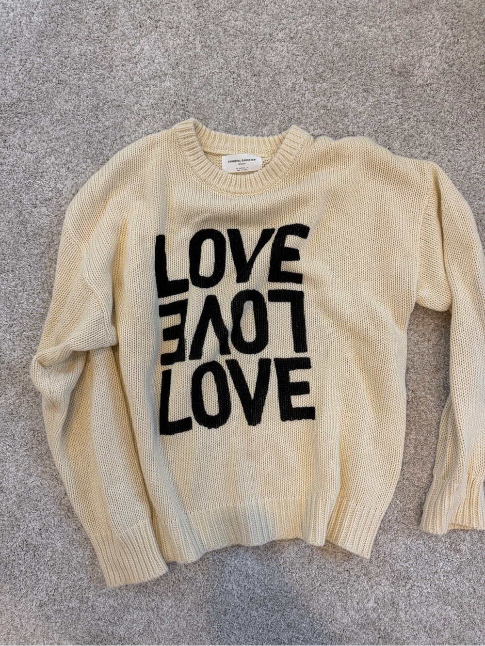 Spiritual Gangster Cream Crewneck Sweater with Black LOVE Graphic